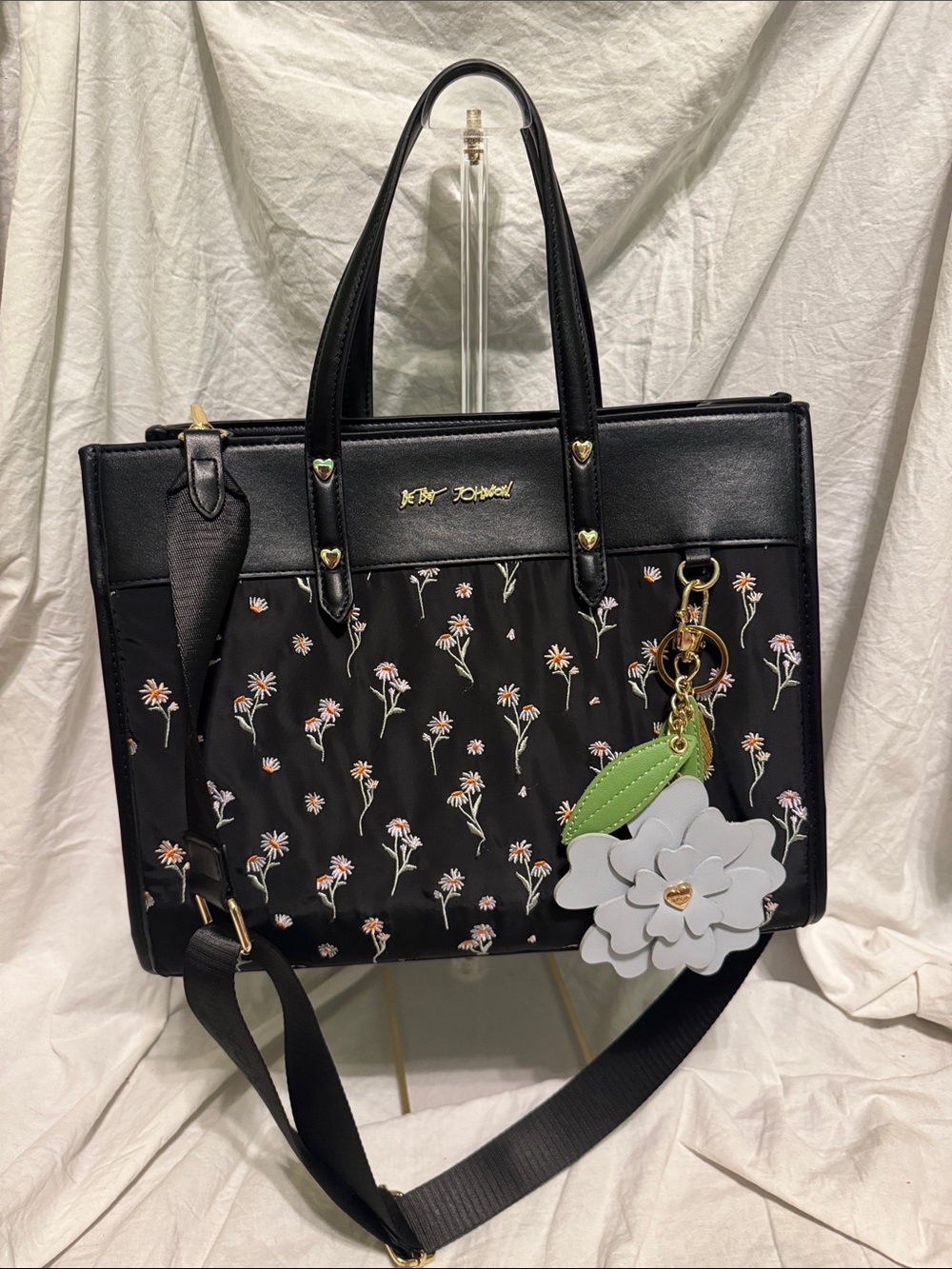Betsey Johnson Black Floral Tote with White Flower Charm